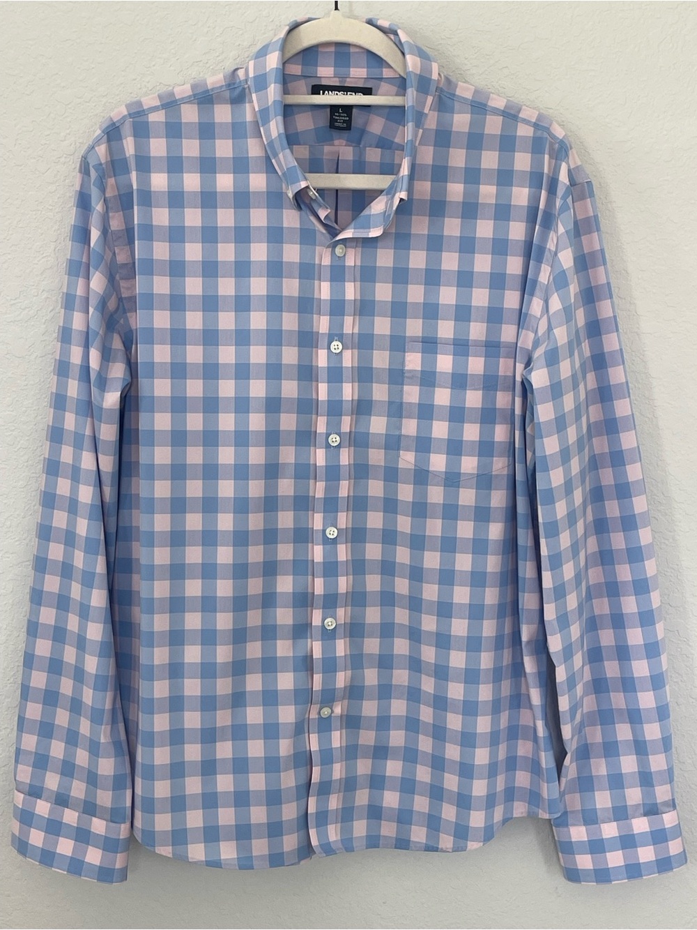 Lands' End Tailored Fit Blue Pink Gingham Stretch Button Down Shirt L 16/16 1/2